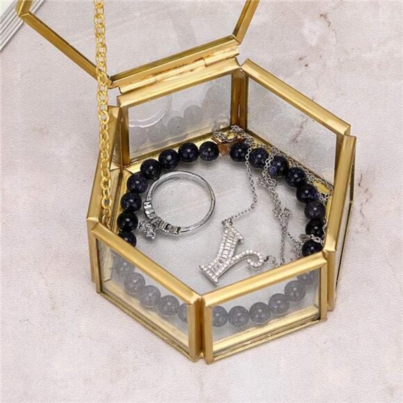 Glass Vintage Jewelry Box - Golden Geometric Jewelry Display Organizer - Picture 13 of 14